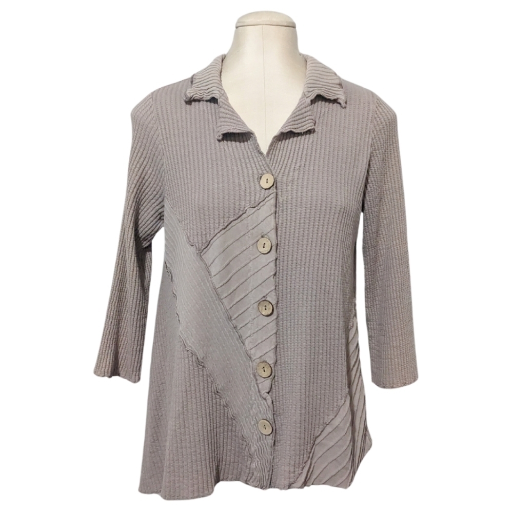 Fenini Art to Wear Shirt Jacket Taupe Asymmetric Hem Button Cardigan Medium
